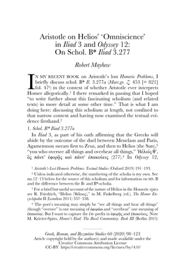 Aristotle on Helios’ ‘Omniscience’ in Iliad 3 and Odyssey 12: on Schol