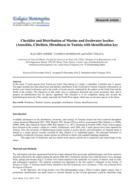 Annelida, Clitellata, Hirudinea) in Tunisia with Identification Key