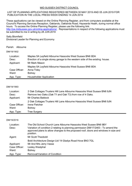 Planning Applications Received 30 May 2019 to 5 June 2019