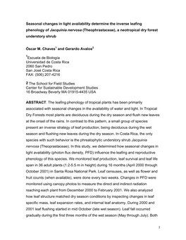 1 Seasonal Changes in Light Availability Determine the Inverse Leafing Phenology of Jacquinia Nervosa (Theophrastaceae), a Neotr