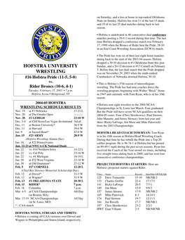 HOFSTRA UNIVERSITY WRESTLING STATISTICS the Pride (11-5, 5-0)