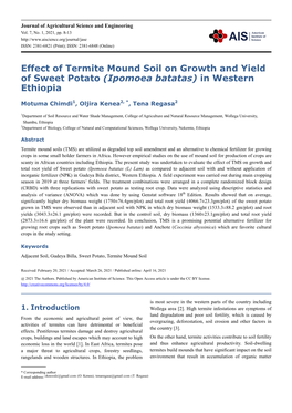 Effect of Termite Mound Soil on Growth and Yield of Sweet Potato (Ipomoea Batatas) in Western Ethiopia