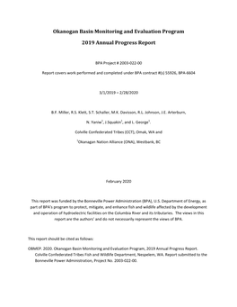 Okanogan Basin Monitoring and Evaluation Program 2019 Annual Progress Report