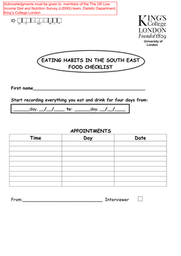 Eating Habits in the South East Food Checklist
