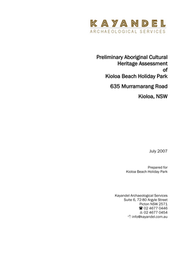 Preliminary Aboriginal Cultural Heritage Assessment of Kioloa Beach Holiday Park 635 Murramarang Road Kioloa, NSW