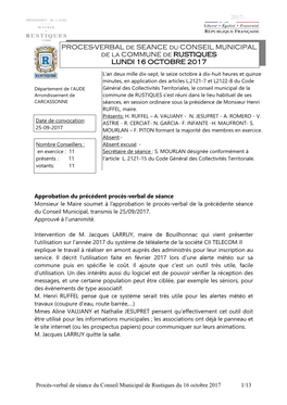 PROCES-VERBAL De SEANCE Du CONSEIL MUNICIPAL De La COMMUNE De RUSTIQUES