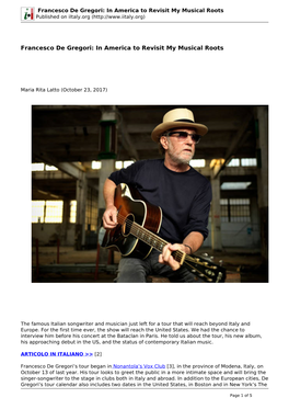 Francesco De Gregori: in America to Revisit My Musical Roots Published on Iitaly.Org (