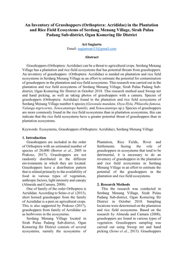 Orthoptera: Acrididae) in the Plantation and Rice Field Ecosystems of Serdang Menang Village, Sirah Pulau Padang Sub-District, Ogan Komering Ilir District