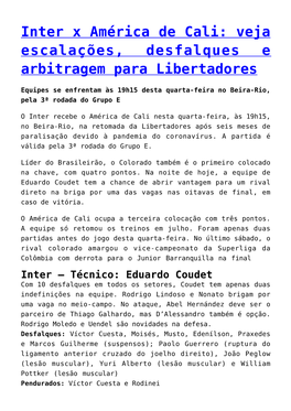 Inter X América De Cali: Veja Escalações, Desfalques E Arbitragem Para Libertadores