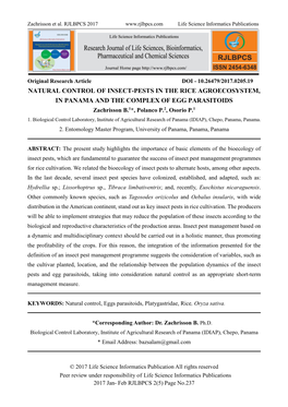 NATURAL CONTROL of INSECT-PESTS in the RICE AGROECOSYSTEM, in PANAMA and the COMPLEX of EGG PARASITOIDS Zachrisson B.1*, Polanco P.2, Osorio P.1 1