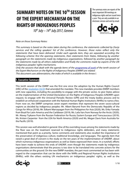 Summary Notes on the 10Th Session of the Expert Mechanism on the Rights