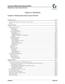 County of Riverside General Plan TABLE of CONTENTS Chapter 5: Multipurpose Open Space Element