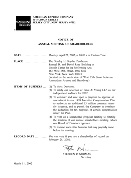 NOTICE of ANNUAL MEETING of SHAREHOLDERS DATE ...Monday, April 22, 2002, at 10:00 A.M. Ea