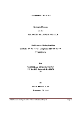 Tulameen Platinum Assessment Report, Sep 20, 2016