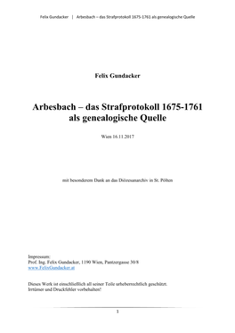 Arbesbach – Das Strafprotokoll 1675-1761 Als Genealogische Quelle