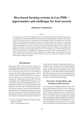 Rice-Based Farming Systems in Lao PDR— Opportunities and Challenges for Food Security