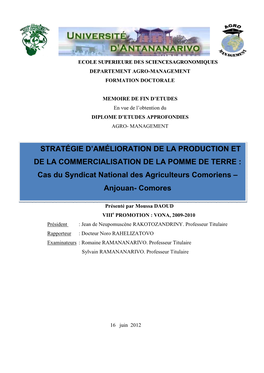 Ecole Superieure Des S Ciencesagronomiques Departement Agro-Management Formation Doctorale