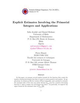 Explicit Estimates Involving the Primorial Integers and Applications