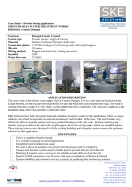 Case Study – Powder Dosing Application MEENCRUMLIN WATER TREATMENT WORKS Ballybofey, County Donegal Customer Donegal County C