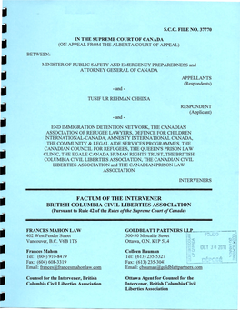 FACTUM of the INTERVENER BRITISH COLUMBIA CIVIL LIBERTIES ASSOCIATION • (Pursuant to Rule 42 of the Rules of the Supreme Court of Canada)