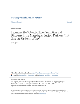 Lacan and the Subject of Law: Sexuation and Discourse in the Mapping of Subject Positions That Give the Ur-Form of Law Ellie Ragland