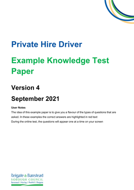 Private Hire Driver Example Knowledge Test Paper Version 3