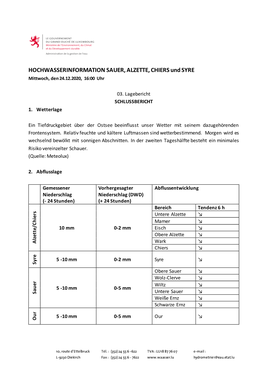 HOCHWASSERINFORMATION SAUER, ALZETTE, CHIERS Und SYRE Mittwoch, Den 24.12.2020, 16:00 Uhr