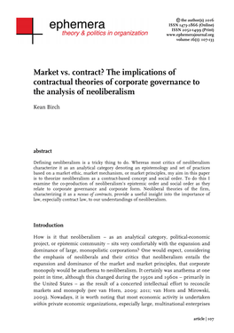 Market Vs. Contract? the Implications of Contractual Theories of Corporate Governance to the Analysis of Neoliberalism