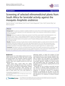 Screening of Selected Ethnomedicinal Plants from South Africa For