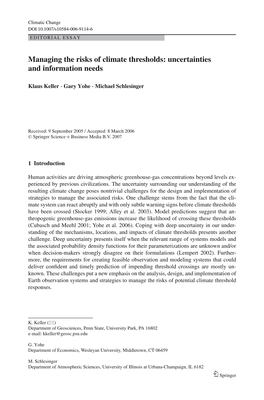 Managing the Risks of Climate Thresholds: Uncertainties and Information Needs