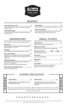 Small Plates Alpine Specialties Boards Sandwiches