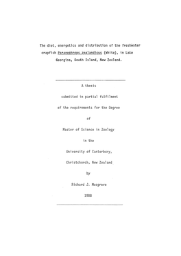 The Diet, Energetics and Distribution of the Freshwater Crayfish Paranephrops Zealandicus (White) in Lake Georgina, South Island