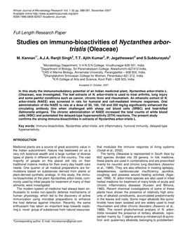 Studies on Immuno-Bioactivities of Nyctanthes Arbor- Tristis (Oleaceae)