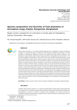 Species Composition and Diversity of Teak Plantation in Karnaphuli Range, Kaptai, Rangamati, Bangladesh