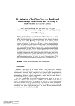 Revitalization of East Nusa Tenggara Traditional Dance Through Identification and Inventory As Protection to Indonesia Culture