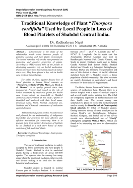 Tinospora Cordifolia” Used by Local People in Loss of Blood Platelets of Shahdol Central India