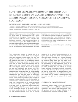 SOFT-TISSUE PRESERVATION of the HIND GUT in a NEW GENUS of CLADID CRINOID from the MISSISSIPPIAN (VISEAN, ASBIAN) at ST ANDREWS, SCOTLAND by THOMAS W