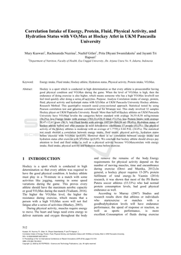 Correlation Intake of Energy, Protein, Fluid, Physical Activity, and Hydration Status with Vo2max at Hockey Atlet in UKM Pancasila University