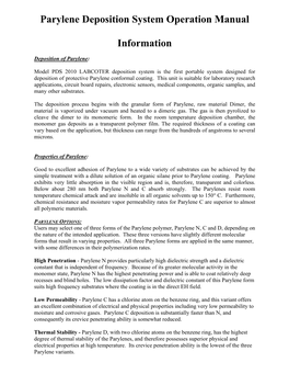 Parylene Deposition System Operation Manual Information