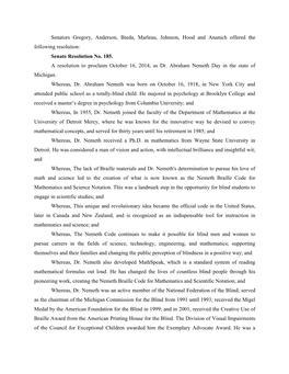 Senators Gregory, Anderson, Bieda, Marleau, Johnson, Hood and Ananich Offered the Following Resolution: Senate Resolution No