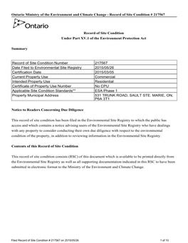 Ontario Ministry of the Environment and Climate Change - Record of Site Condition # 217567