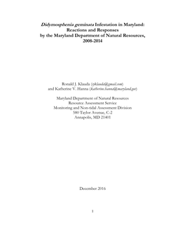 Didymosphenia Geminata Infestation in Maryland: Reactions and Responses by the Maryland Department of Natural Resources, 2008-2014