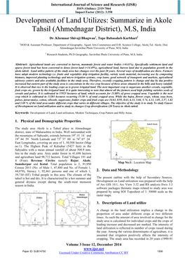 Development of Land Utilizes: Summarize in Akole Tahsil (Ahmednagar District), M.S, India