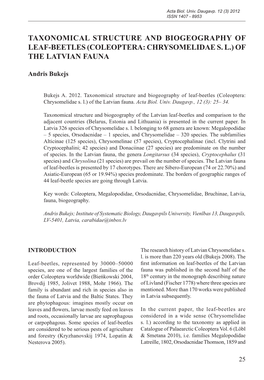 (Coleoptera: Chrysomelidae Sl) of the Latvian Fauna