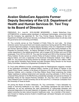 Avalon Globocare Appoints Former Deputy Secretary of the U.S