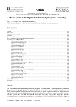 Australian Species of the Ant Genus Dolichoderus (Hymenoptera: Formicidae)