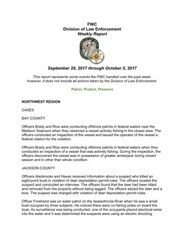 FWC Division of Law Enforcement Weekly Report September 29, 2017 Through October 5, 2017