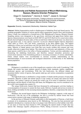 Biodiversity and Habitat Assessment of Mount Malindawag Naawan