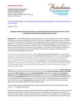 FOR IMMEDIATE RELEASE Pasadena Symphony Association