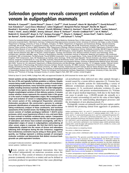 Solenodon Genome Reveals Convergent Evolution of Venom in Eulipotyphlan Mammals